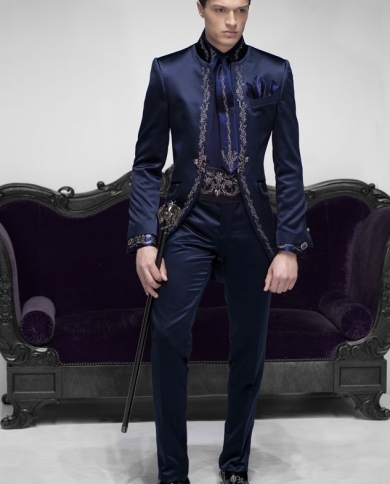 Tailor Made Italian Embroidery Navy Blue Men Suits Slim Fit Groom Prom Tuxedo 2 Piece Male Blazer Luxury Brand Jacketpa