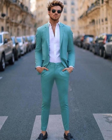 Handsome Teal Slim Fit Mens Prom Suits Notched Lapel Groomsmen Tux Beach Wedding Tuxedos For Men Blazers One Button Form